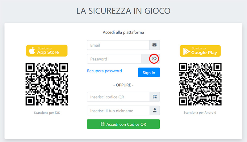 Schermata Login - Visualizza Password - Safety Platform